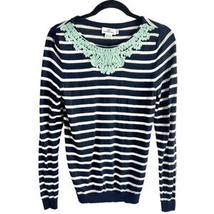 Vineyard Vines Merino Wool Navy Blue White Striped Embroidered Pullover Sweater